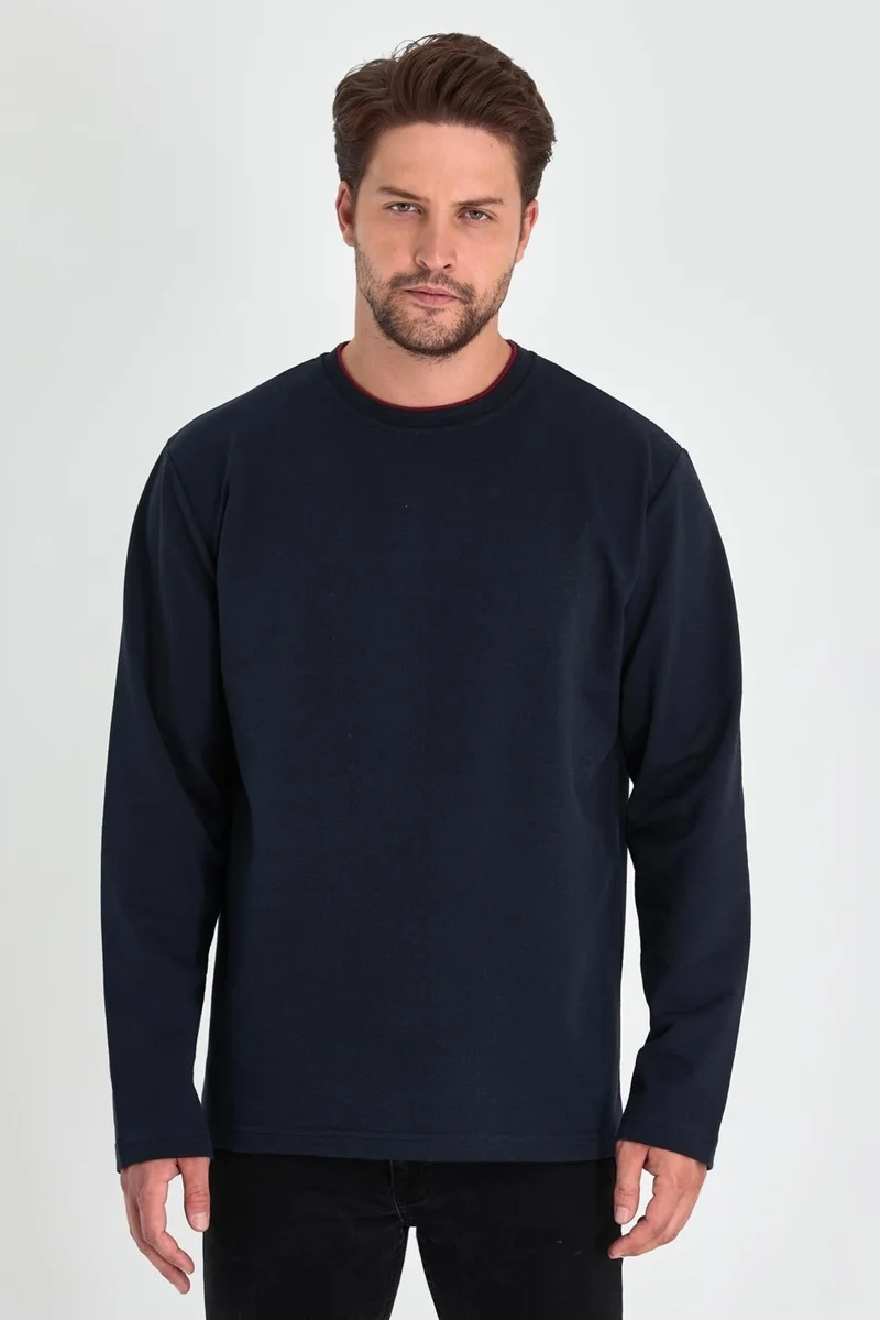 mmetalic Men's Navy Blue Double Crew Neck Standard Relaxed Cut Sweatshirt MTLCE68-LACIVERT