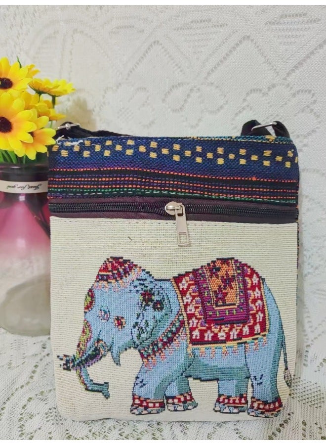 Ethnic Embroidered Crossbody Bag Cute Elephant Butterfly Chinese Style Canvas Bag Women's Fashion Mobile Phone Shoulder Bag-Color:Crossbody Bag, 14-Size:22*18cm  - Image 1