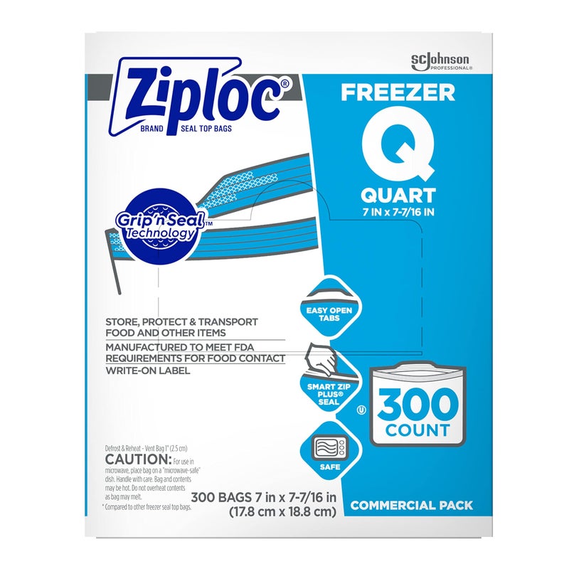 SC Johnson Professional Ziploc Quart Food Storage Freezer Bags Grip n Seal Technology for Easier Grip Open and Close 300 Count