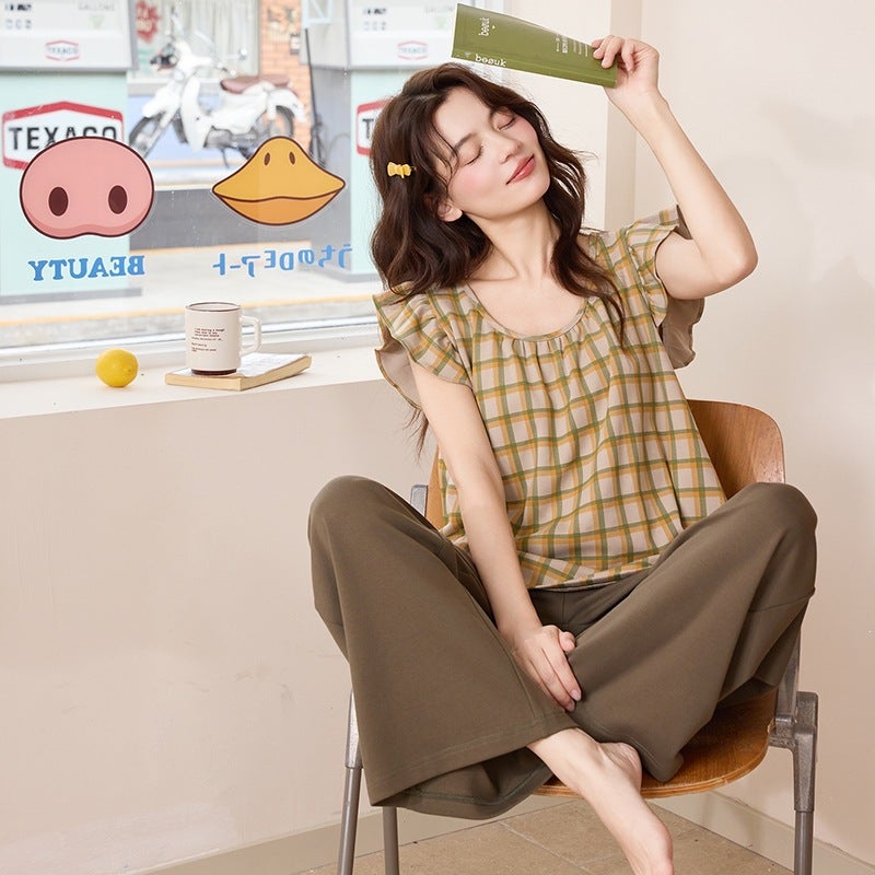 Women's Cotton Pajama Set Short Sleeve Shorts with Built-in Bra, 2026 Summer, 3-Piece - Image 2