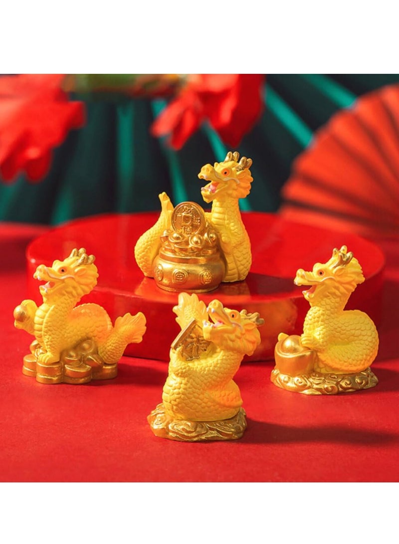 Excefore 4 قطع تمثال تنين عيد رأس السنة الصينية صغير من الراتنج، تمثال التنين الذهبي من الأبراج الصينية 2024 سنة التنين هدية لمجموعة مكتب المنزل - Image 3