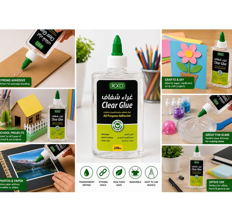ROCO Clear Liquid Glue 240ML Strong Multipurpose Adhesive Quick Dry Transparent Non Toxic Glue For School Office Craft Paper Cardboard DIY Projects - Image 2