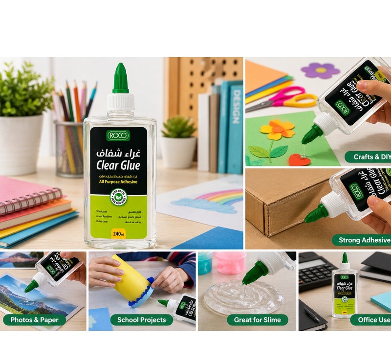 ROCO Clear Liquid Glue 240ML Strong Multipurpose Adhesive Quick Dry Transparent Non Toxic Glue For School Office Craft Paper Cardboard DIY Projects - Image 4