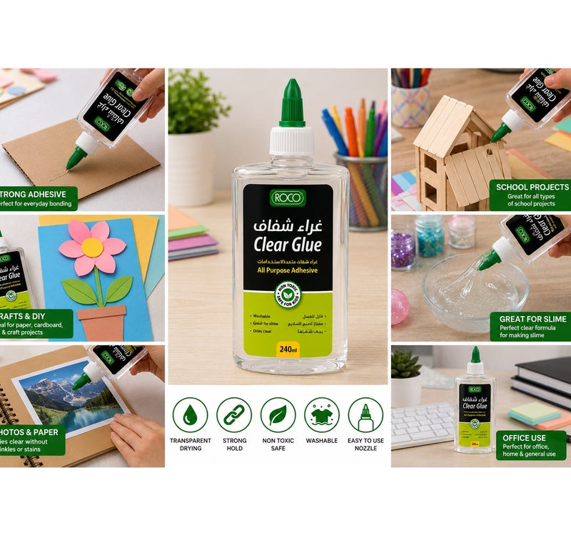 ROCO Clear Liquid Glue 240ML Strong Multipurpose Adhesive Quick Dry Transparent Non Toxic Glue For School Office Craft Paper Cardboard DIY Projects - Image 3