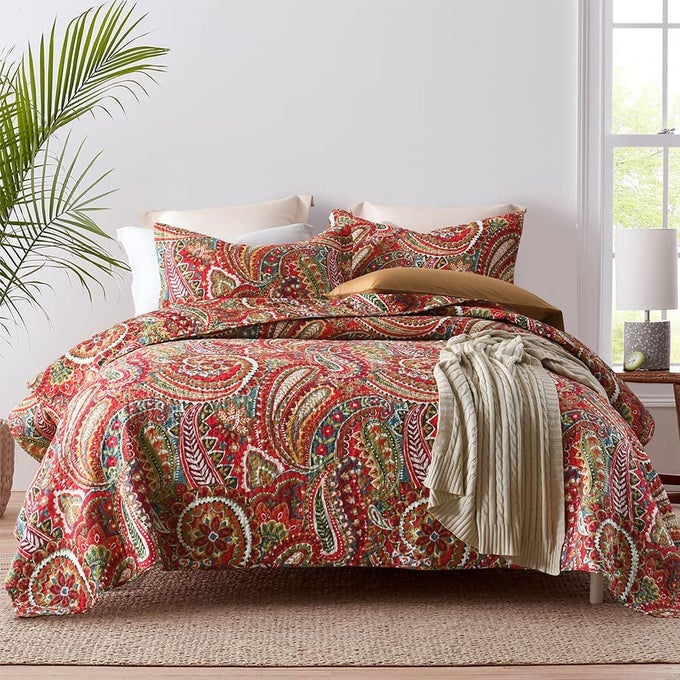 COTTON BEDSPREAD QUILT SETS REVERSIBLE BEDDING COVERLET SETS COMFORTER FLORAL PAISLEY BEDSPREAD RED QUEEN SIZE