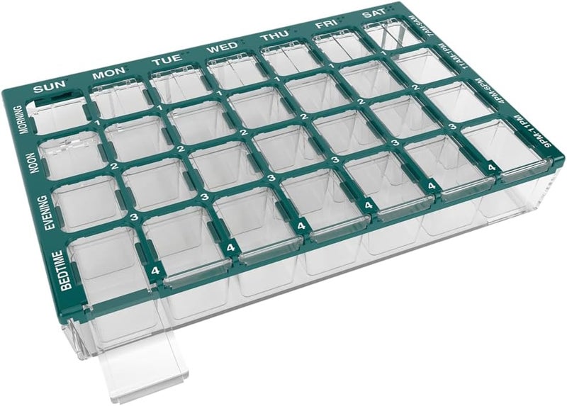 EZY DOSE Pill Organizer Weekly (7-Day), Medicine Planner, Vitamin Box, Small Compartments with Easy Fill Tray Case, 4 Times a Day, Clear Lids, Easy to Use Containers, Green, BPA Free