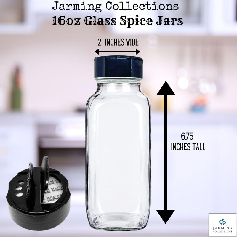 JARMING COLLECTIONS Glass Spice Jars with Shaker Lids - Spice Jars 16 oz for Food Storage, Spice Containers for Kitchen Organization and Storage, Bottles for Spices (Black - 16 Ounce 3 pack) - Image 3