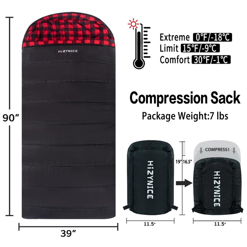 HiZYNICE Sleeping Bags for Adults Cold Weather Zero Degree Extra Large Sleeping Bag Adult Big and Tall Winter Camping XXL,Black Right Zip,90" x 39" - Image 2