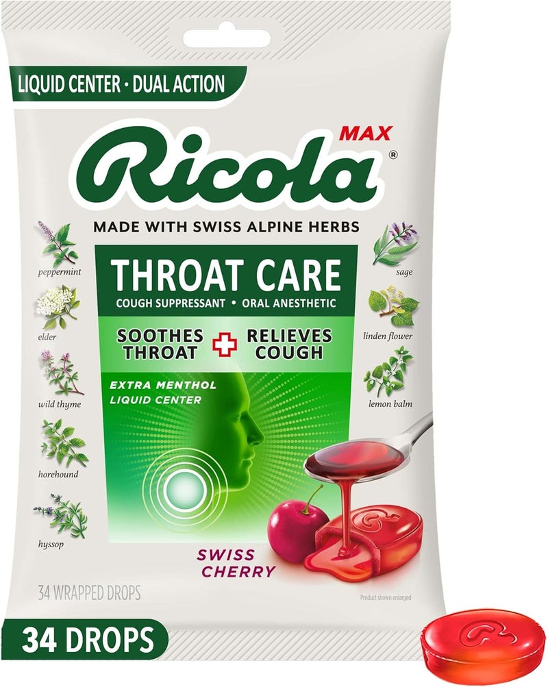 Ricola Max Swiss Cherry Throat Care Large Bag  Cough Suppressant Drops  Dual Action Liquid Center  Soothing LongLasting Relief  34 Count Pack of 1 - Image 1