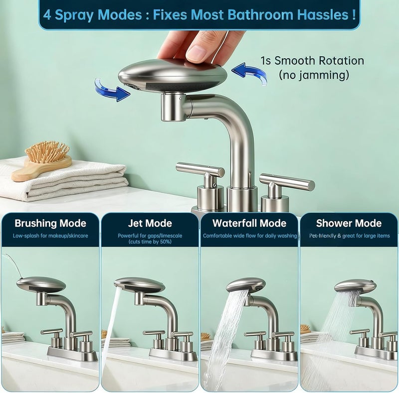 TUTEW Brushed Nickel Bathroom Sink Faucet，Modern 3 Hole Bathroom Faucet 2 Handle 4 Inch Centerset with 4 Water Outlet Modes, 360° Swivel Spout & Pop-Up Drain - Image 3