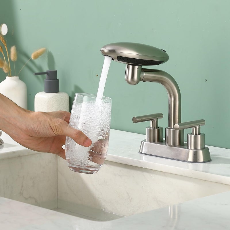 TUTEW Brushed Nickel Bathroom Sink Faucet，Modern 3 Hole Bathroom Faucet 2 Handle 4 Inch Centerset with 4 Water Outlet Modes, 360° Swivel Spout & Pop-Up Drain - Image 4