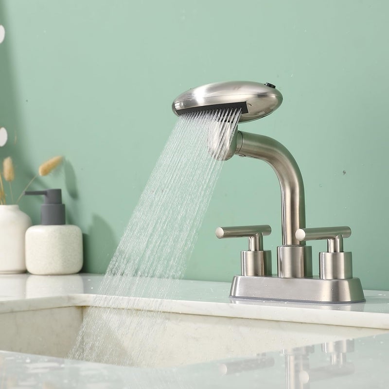TUTEW Brushed Nickel Bathroom Sink Faucet，Modern 3 Hole Bathroom Faucet 2 Handle 4 Inch Centerset with 4 Water Outlet Modes, 360° Swivel Spout & Pop-Up Drain - Image 5
