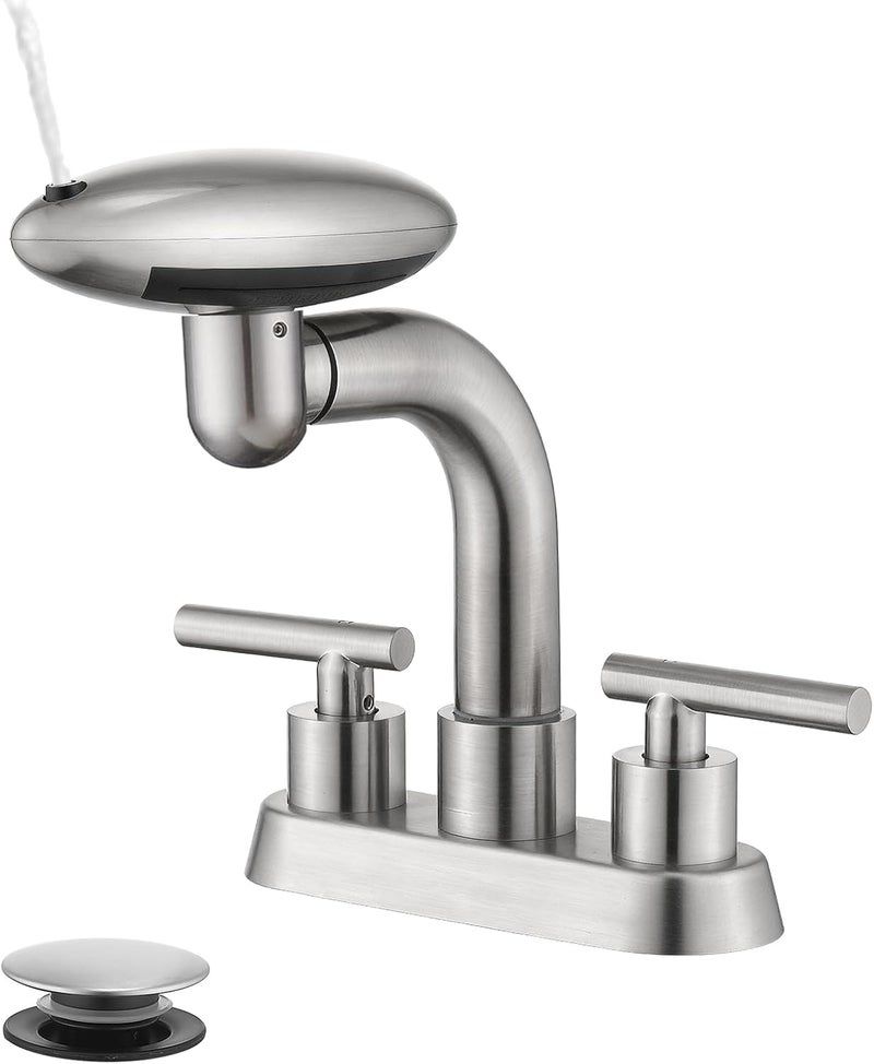 TUTEW Brushed Nickel Bathroom Sink Faucet，Modern 3 Hole Bathroom Faucet 2 Handle 4 Inch Centerset with 4 Water Outlet Modes, 360° Swivel Spout & Pop-Up Drain - Image 1