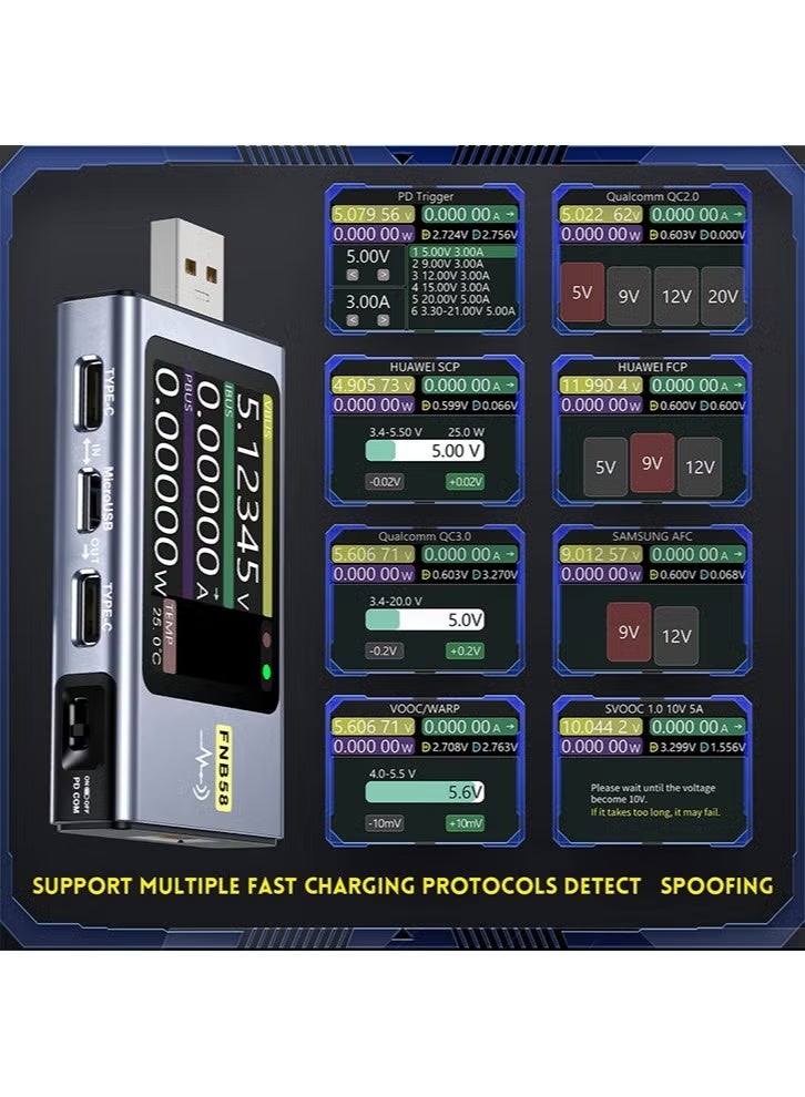 فنيرسي FNIRSI-FNB58 جهاز قياس الفولتميتر الرقمي، مقياس التيار الكهربائي، جهاز اختبار USB من النوع C، كاشف الشحن السريع، قياس السعة، قياس التموج - Image 5