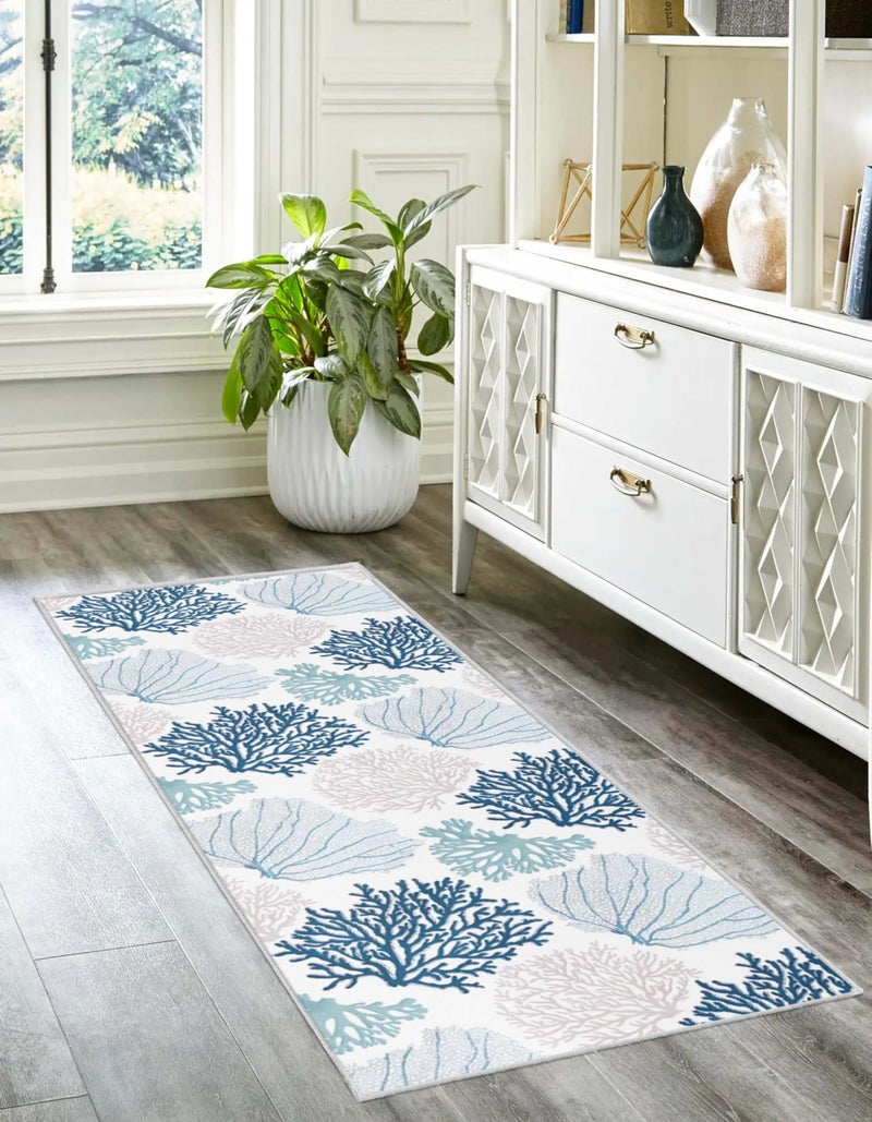 keensoft Coastal Runner Rug Beach Hallway Rugs Non-Slip Nautical Coral Machine Washable Rugs Modern Floor Carpet for Kitchen Bathroom Laundry Bedroom Living Room, 2x6 - Image 1