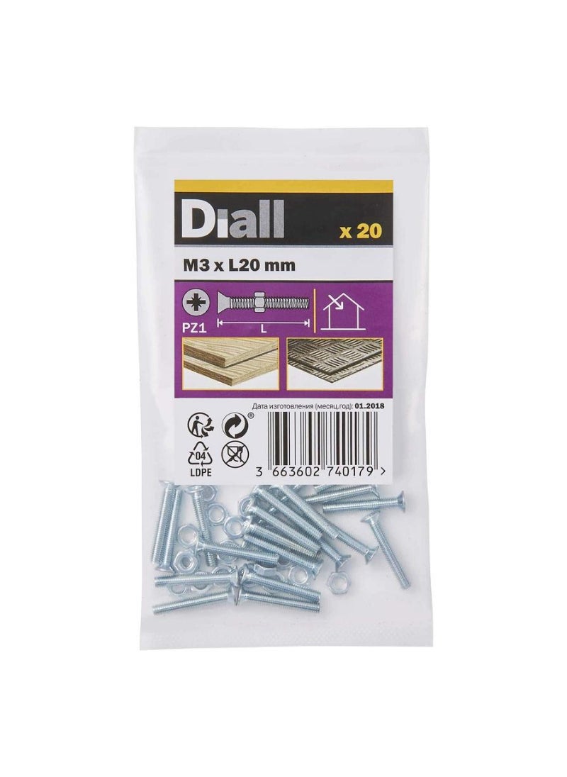 ACE Diall M3 Carbon Steel Countersunk Machine Screw And Nut 20mm 20Pcs 