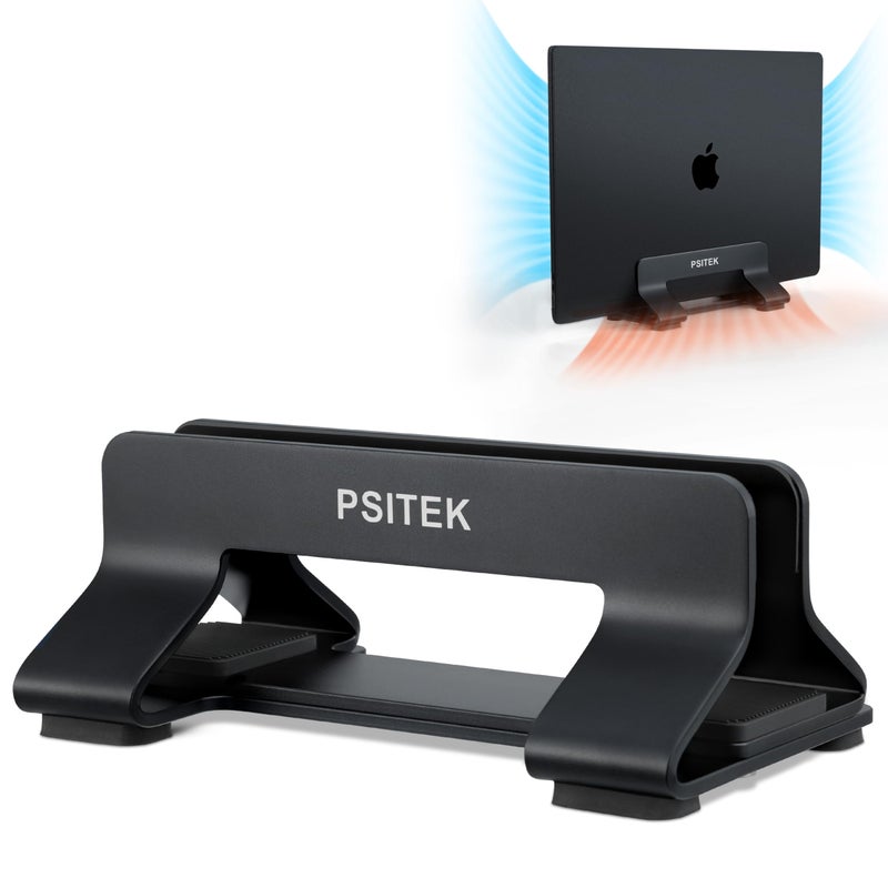 Psitek Aluminum Vertical Laptop Stand Dock Holder, Adjustable Slot Width 12-42mm, Space-Saving Upright Storage for MacBook and Laptops - Image 1