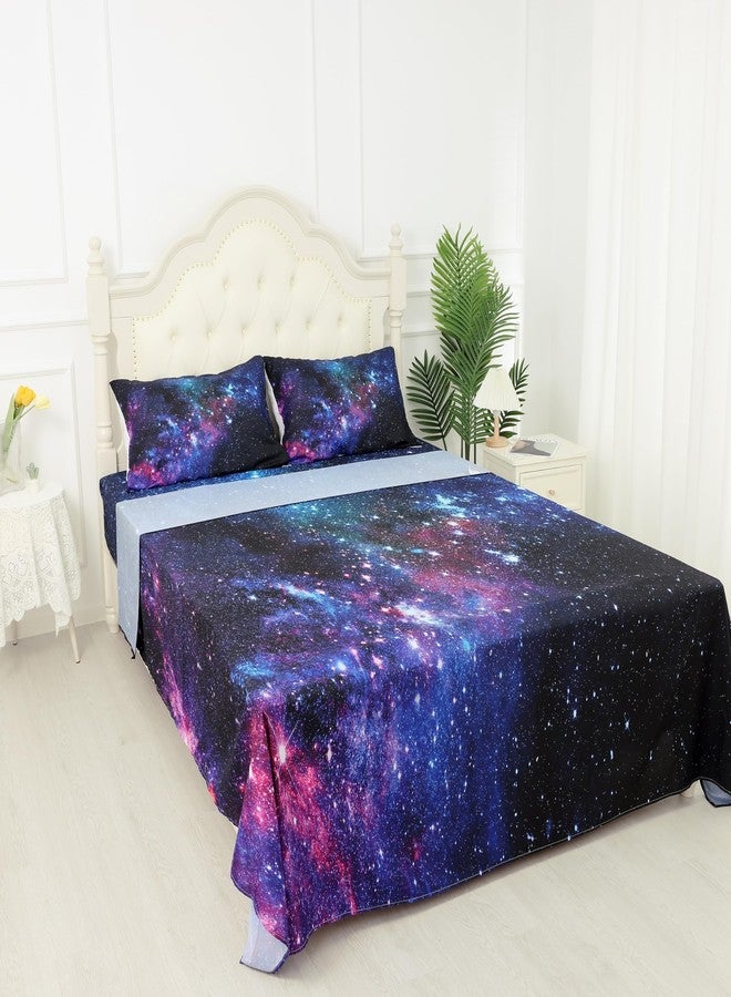 kxry Blue Purple Galaxy Fitted Sheet Sets Twin Size for Boys Kids Teens Outer Space Starry Sky Universe Bedding Set 1 Fitted Sheet + 1 Flat Sheet + 1 Pillow Case - Image 3