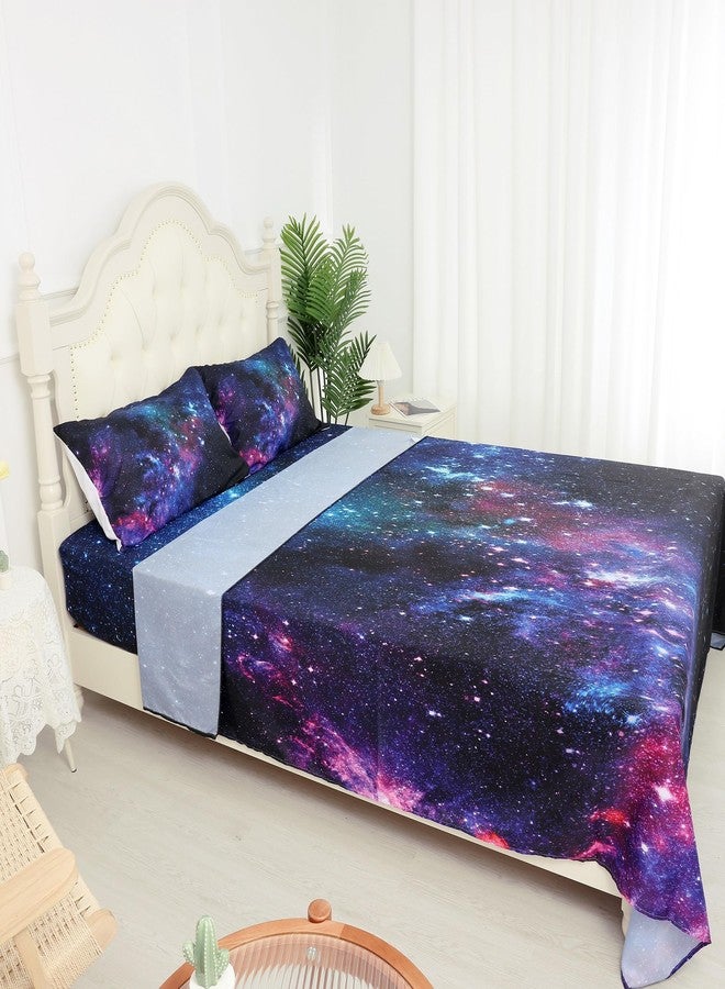 kxry Blue Purple Galaxy Fitted Sheet Sets Twin Size for Boys Kids Teens Outer Space Starry Sky Universe Bedding Set 1 Fitted Sheet + 1 Flat Sheet + 1 Pillow Case - Image 2