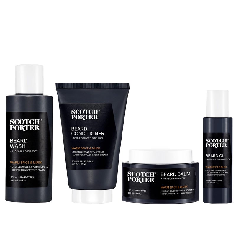 scotch porter طقم لحية سكوتش بورتير - تنظيف، ترطيب، تهدئة وتصفيف شعر اللحية الخشن والجاف مع تشجيع النمو للحصول على لحية أكثر كثافة/صحة - يتضمن غسول، بلسم، سيروم وبلسم - Image 1