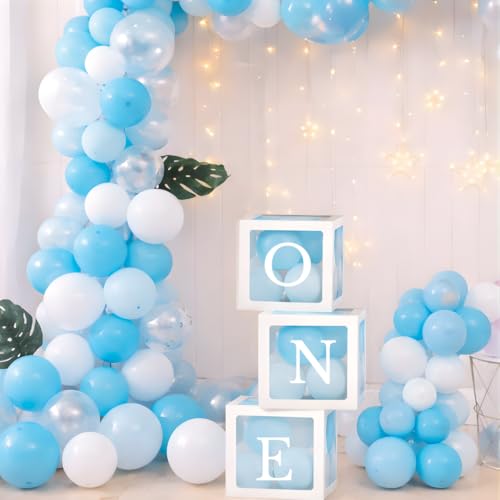 Festi Duck 'ONE' Balloon Box Set - Stylish Lettered Decor for First Birthday & Aniversary Celebration (One Birthday Box) 28 pcs set (Blue & White) - Image 1