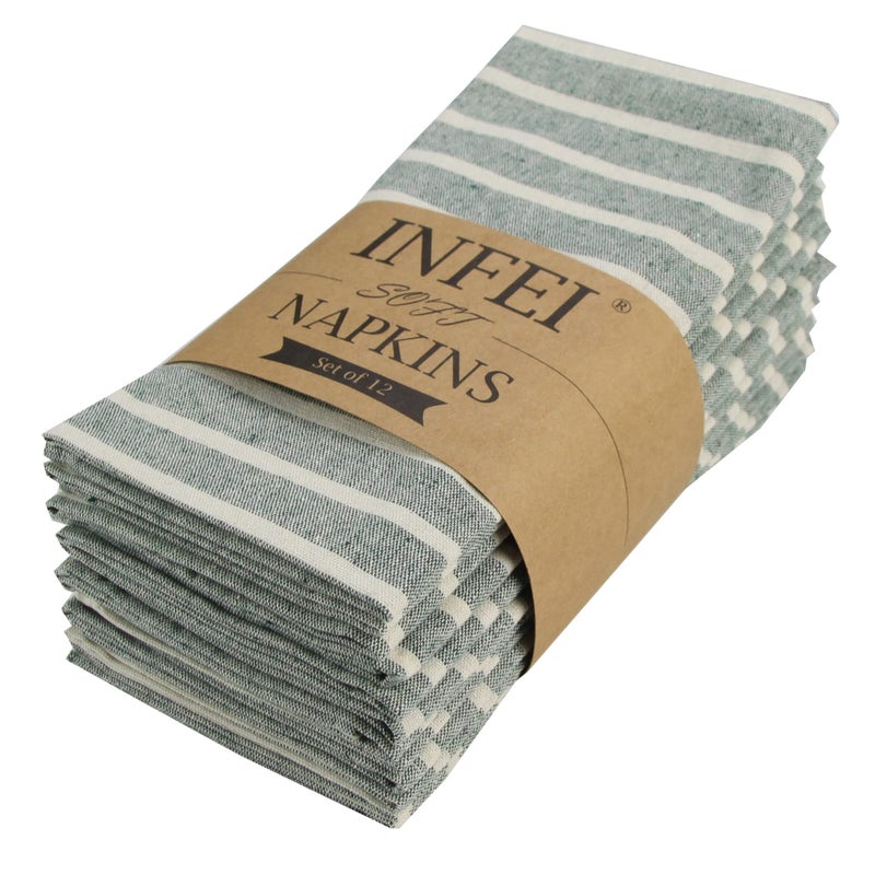 INFEI Broad Striped Cotton Blended Dinner Cloth Napkins Set of 12 40 x 30 cm for Christmas Events Home Use Green