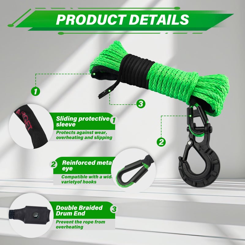 TYT Off-Road Winch Rope Kit - 3/16''x50', 8500 Lbs Green Synthetic Cable with Protective Sheath, Heavy-Duty Hook, Safety Pull Strap & Rubber Stopper Ideal for 4WD ATV UTV Vehicles, (JPS31650G) - Image 3