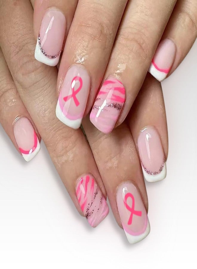 KKUUOO 24Pcs Christmas Press on Nails for Women Girls, French Short Square Fake Nails with Pink Ribbon Design, Reusable, Acrylic, Full Cover Glossy Stick on Nails - Image 1