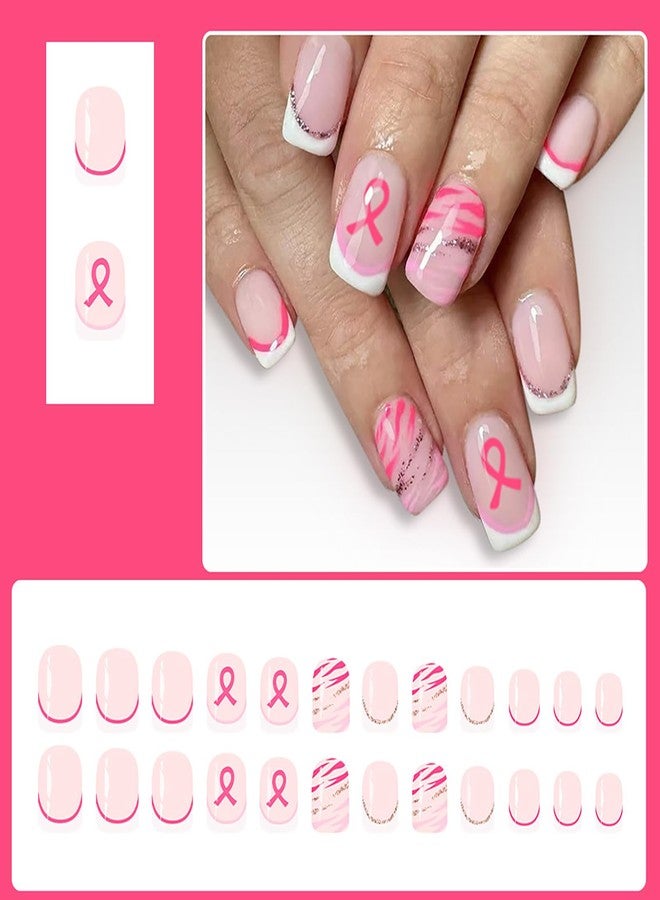 KKUUOO 24Pcs Christmas Press on Nails for Women Girls, French Short Square Fake Nails with Pink Ribbon Design, Reusable, Acrylic, Full Cover Glossy Stick on Nails - Image 3
