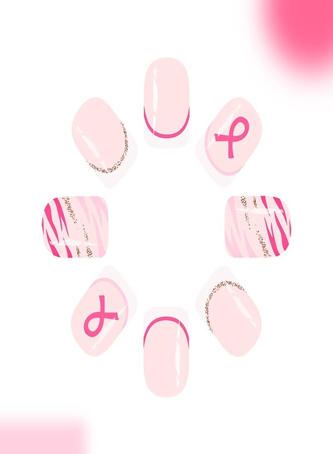 KKUUOO 24Pcs Christmas Press on Nails for Women Girls, French Short Square Fake Nails with Pink Ribbon Design, Reusable, Acrylic, Full Cover Glossy Stick on Nails - Image 4