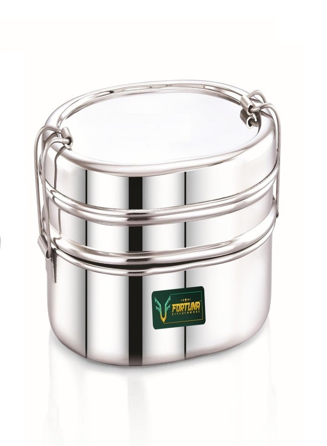 FORTUNA KITCHENWARE Tiffin Box Steel for School & Office Use | 700ml Lunch Box for Women, Men & Kids | Oval Double Decker Model Glossy Finish Steel Box - Image 2