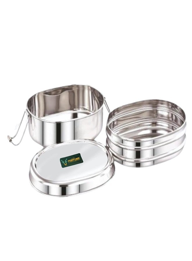 FORTUNA KITCHENWARE Tiffin Box Steel for School & Office Use | 700ml Lunch Box for Women, Men & Kids | Oval Double Decker Model Glossy Finish Steel Box - Image 1