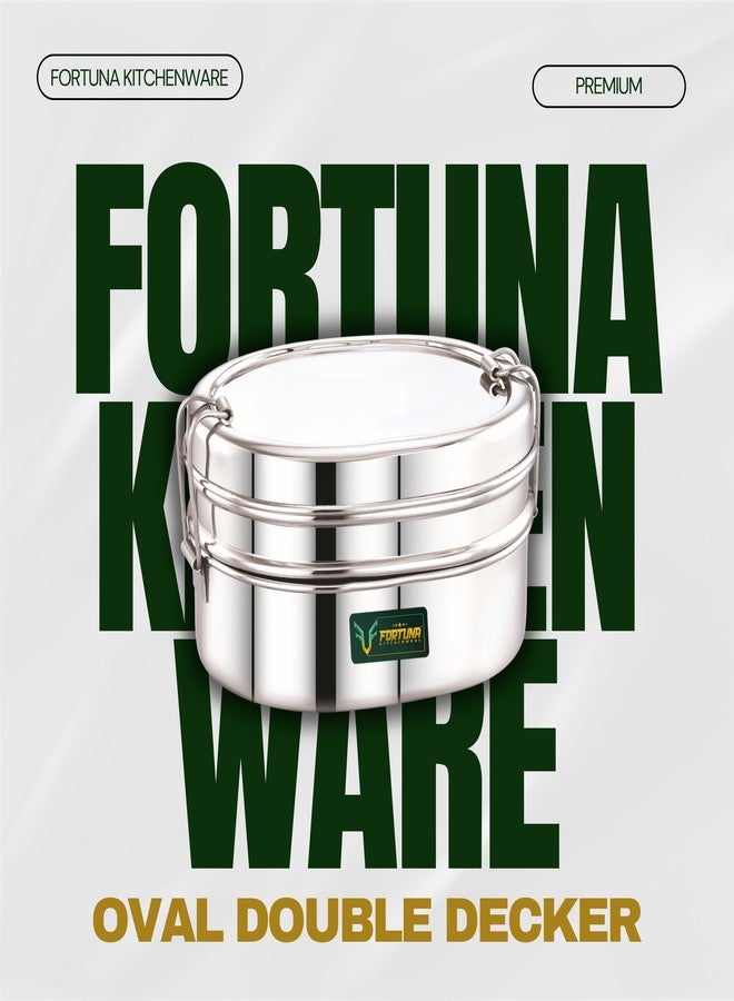 FORTUNA KITCHENWARE Tiffin Box Steel for School & Office Use | 700ml Lunch Box for Women, Men & Kids | Oval Double Decker Model Glossy Finish Steel Box - Image 5