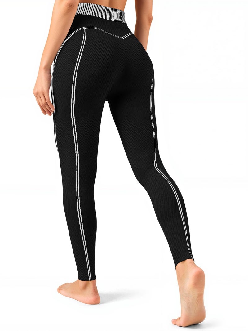 Fisoew Women's High Waisted Yoga Leggings Striped Seamless Butt Liftting Stretchy Running Gym Workout Pants Black - Image 1