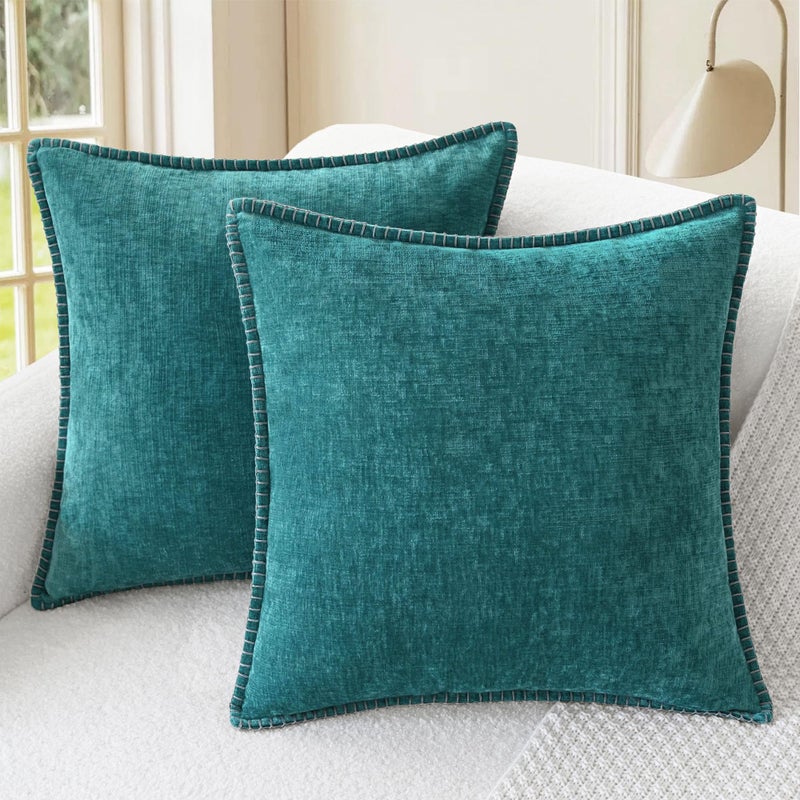 CaliTime Throw Pillow Covers Decorative 18 X 18 Inches Pack of 2 Cotton Thread Stitching Edges Solid Dyed Soft Chenille Cushion Cases for Couch Sofa Bed Living Room Farmhouse Teal - Image 1