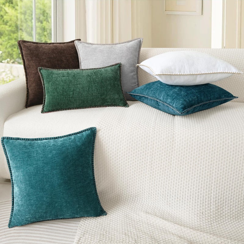 CaliTime Throw Pillow Covers Decorative 18 X 18 Inches Pack of 2 Cotton Thread Stitching Edges Solid Dyed Soft Chenille Cushion Cases for Couch Sofa Bed Living Room Farmhouse Teal - Image 4