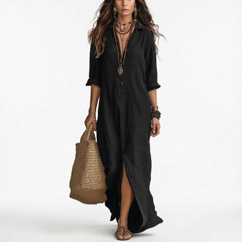 Casual Split Front Long Dress with Notched Collar - Image 1