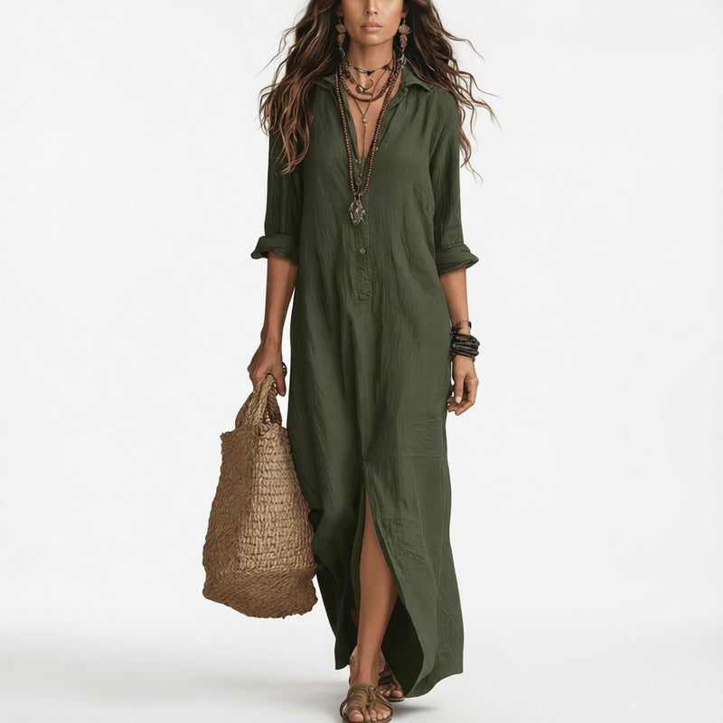 Casual Split Front Long Dress with Notched Collar - Image 4