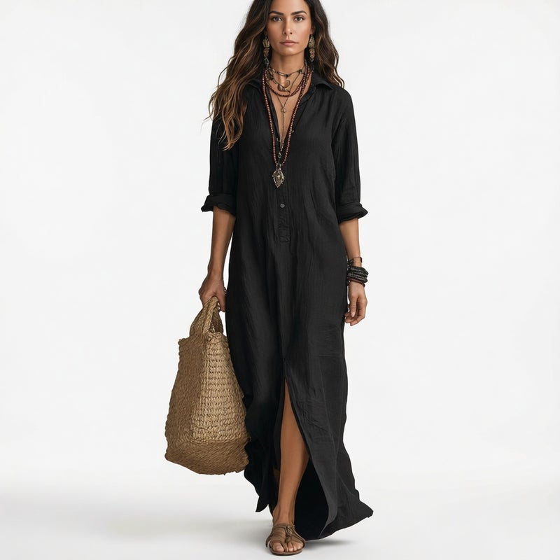 Casual Split Front Long Dress with Notched Collar - Image 2