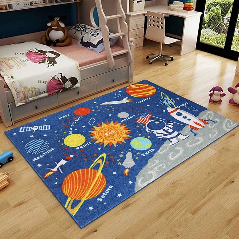 HUAHOO Kids Rug Educational Learning Carpet Galaxy Planets Stars Blue Children's Fun Area Rug Nursery Rugs Solar System Rectangle Rug (Stars, 52"x75") - Image 1