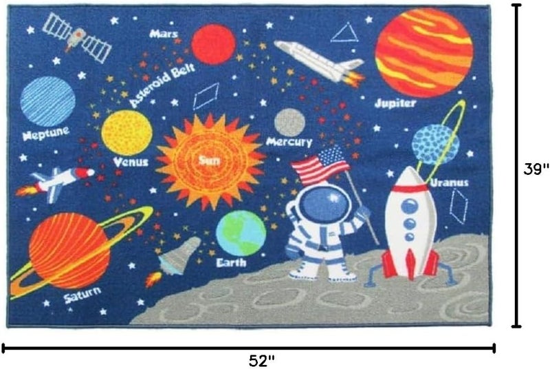HUAHOO Kids Rug Educational Learning Carpet Galaxy Planets Stars Blue Children's Fun Area Rug Nursery Rugs Solar System Rectangle Rug (Stars, 52"x75") - Image 2