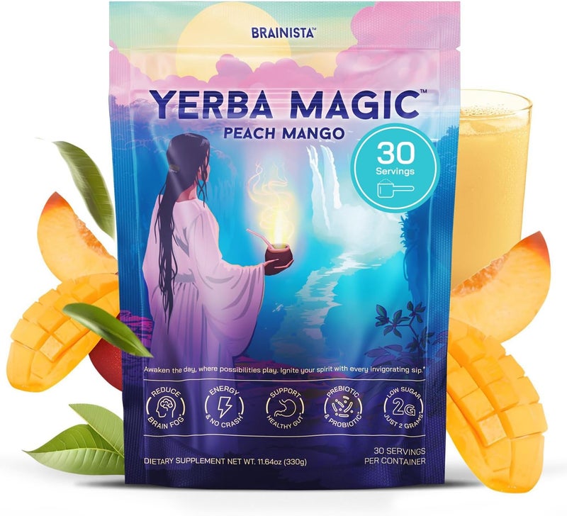 BRAINISTA Yerba Magic Peach Mango - Instant Yerba Mate Tea Powder with Nootropics, Prebiotics & Probiotics for Clean Energy and Mental Clarity - 30 Servings - Image 1
