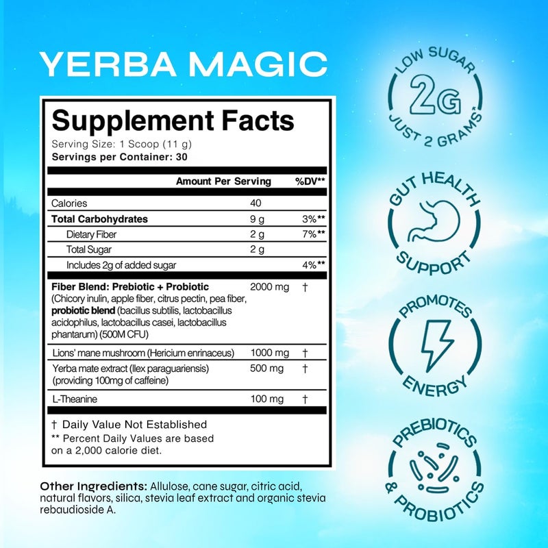 BRAINISTA Yerba Magic Peach Mango - Instant Yerba Mate Tea Powder with Nootropics, Prebiotics & Probiotics for Clean Energy and Mental Clarity - 30 Servings - Image 2
