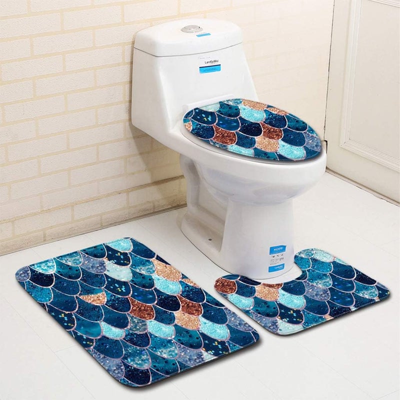 klarako 3Pcs Fish Scale Bathroom Rugs Set Colorful Mermaid Shower Carpet Pedestal Rug + Lid Toilet Cover + Bath Mat for Home Decor Non Slip & Absorbent - Image 2