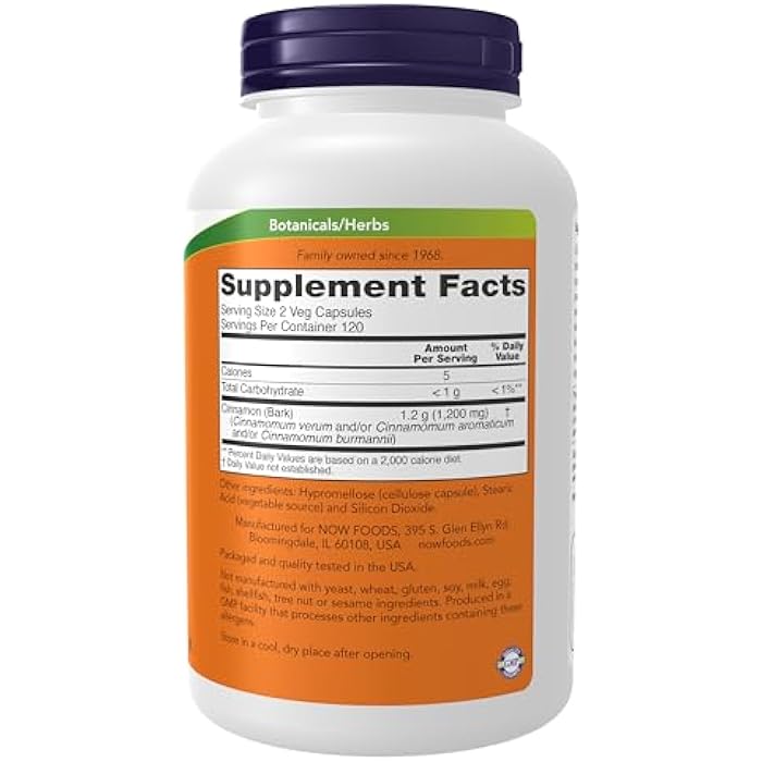 NOW Foods Supplements, Cinnamon Bark 600 mg, Non-GMO Project Verified, Healthy Glucose Metabolism*, 240 Veg Capsules - Image 2