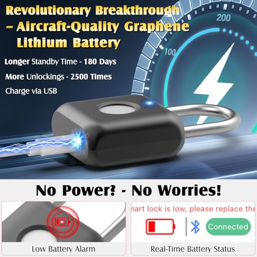 Pothunder Fingerprint Padlock, Pothunder Smart Padlock, Locker Lock, Fingerprint Lock with APP Unlock, USB Rechargeable, Suitable for Gym Locker, Door(Black) - Image 5