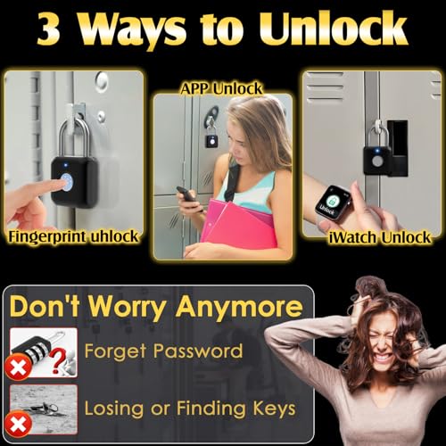 Pothunder Fingerprint Padlock, Pothunder Smart Padlock, Locker Lock, Fingerprint Lock with APP Unlock, USB Rechargeable, Suitable for Gym Locker, Door(Black) - Image 2