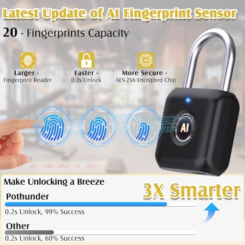 Pothunder Fingerprint Padlock, Pothunder Smart Padlock, Locker Lock, Fingerprint Lock with APP Unlock, USB Rechargeable, Suitable for Gym Locker, Door(Black) - Image 3
