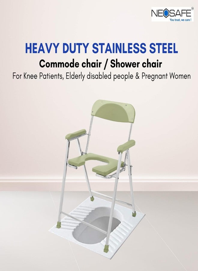 NEOSAFE Premium Folding Stainless Steel Shower Bathing Room Commode Stool Indian Toilet Seat for Elderly Disabled Men and Pregant Women Support (Light Green) - Image 2