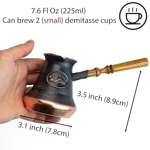 HandCraftoria Handmade Armenian Coffee Pot Maker (7.6 Fl Oz) Copper Jazva Ararat Turkish Arabic Greek Cezve Jezve Ibrik Turka Jazzve Jazve Wooden Handle (7.6 Fl Oz (225ml)) - Image 3